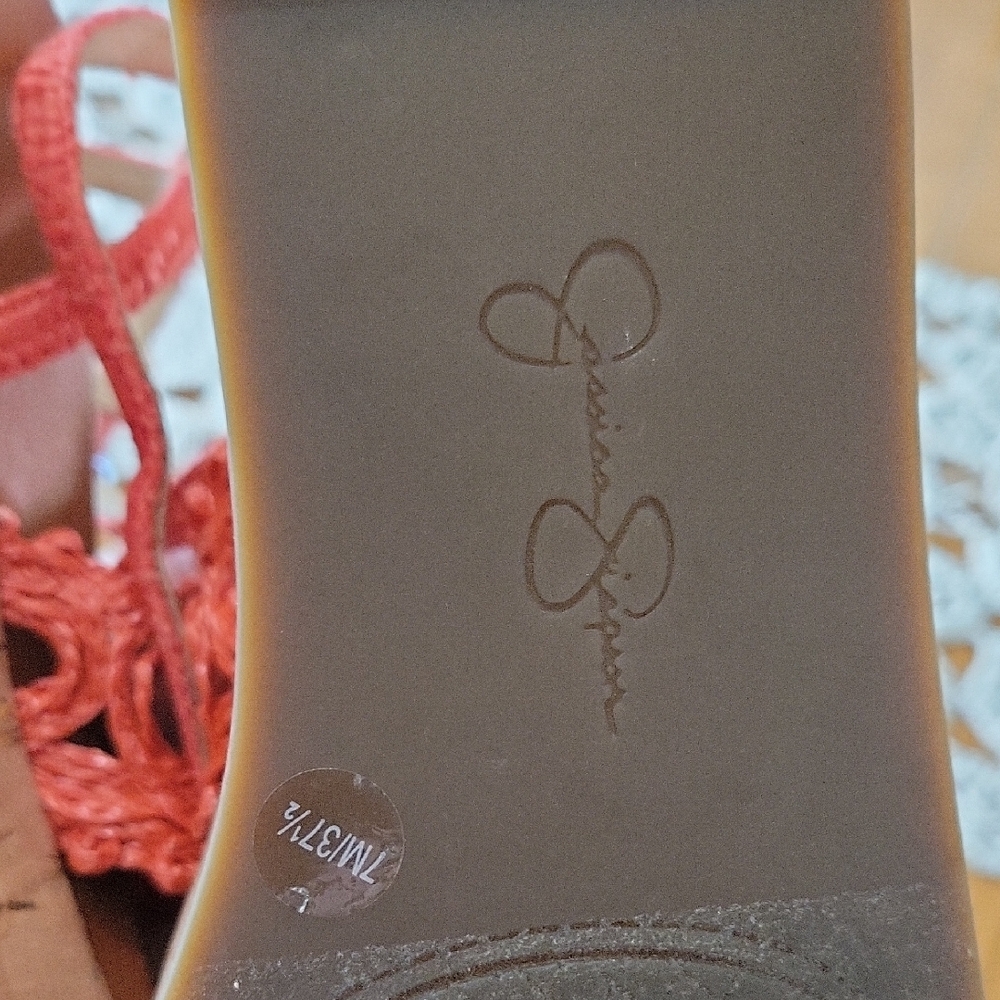 Jessica Simpson Pink Wedge Sandals with Crochet Detail.  D - Picture 6 of 8